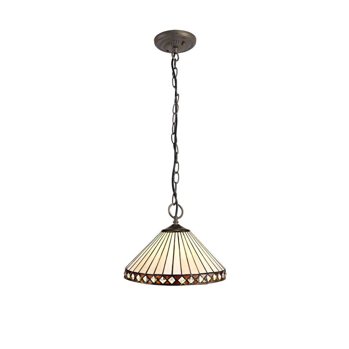 3-Light Down Pendant with Tiffany Shade in Amber and Cream, Aged Antique Brass Finish