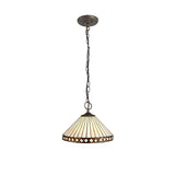 3-Light Down Pendant with Tiffany Shade in Amber and Cream, Aged Antique Brass Finish