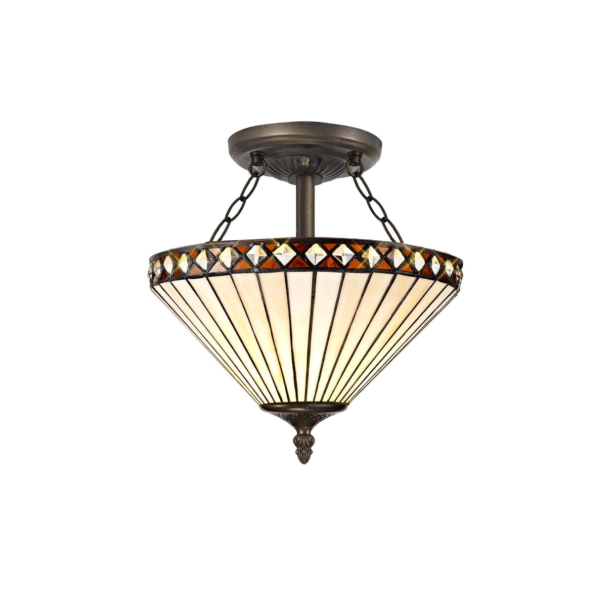 Elegant Amber & Cream Tiffany-Style 2-Light Ceiling Fixture with Antique Brass Finish