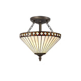 Elegant Amber & Cream Tiffany-Style 2-Light Ceiling Fixture with Antique Brass Finish