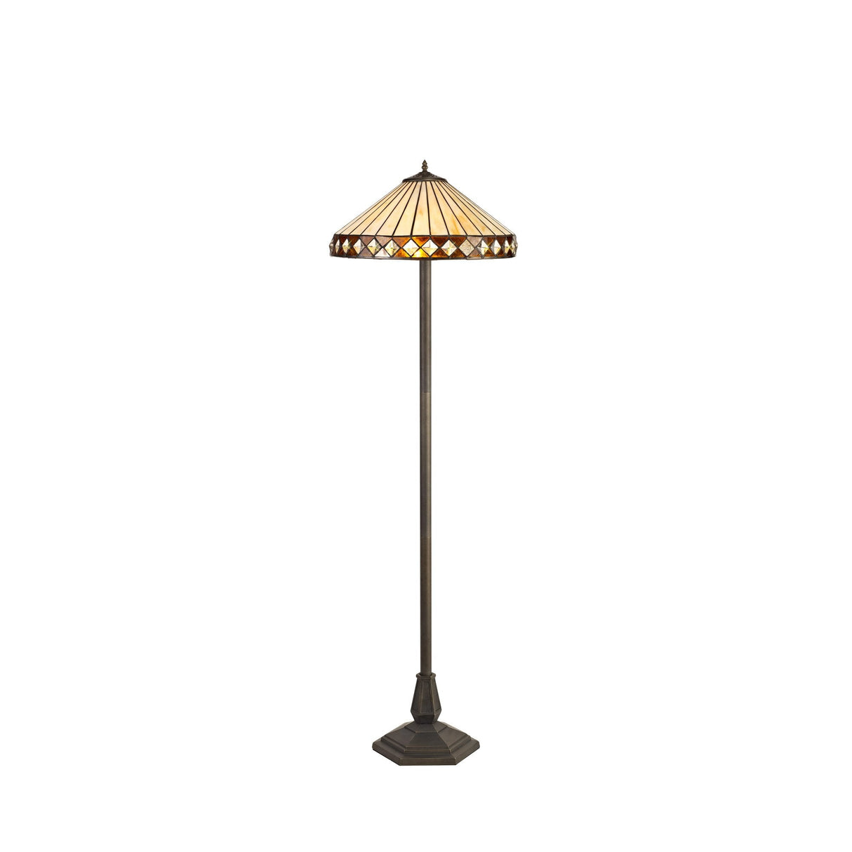 Vintage Amber & Cream Octagonal Tiffany Floor Lamp with Aged Brass Finish