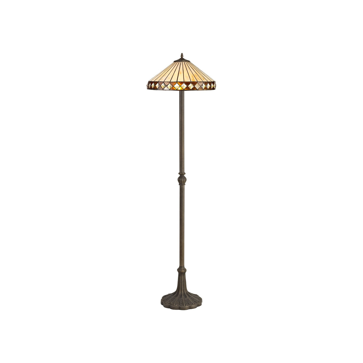 Elegant Amber and Cream Tiffany-Style Floor Lamp with Leaf Design and Antique Brass Finish