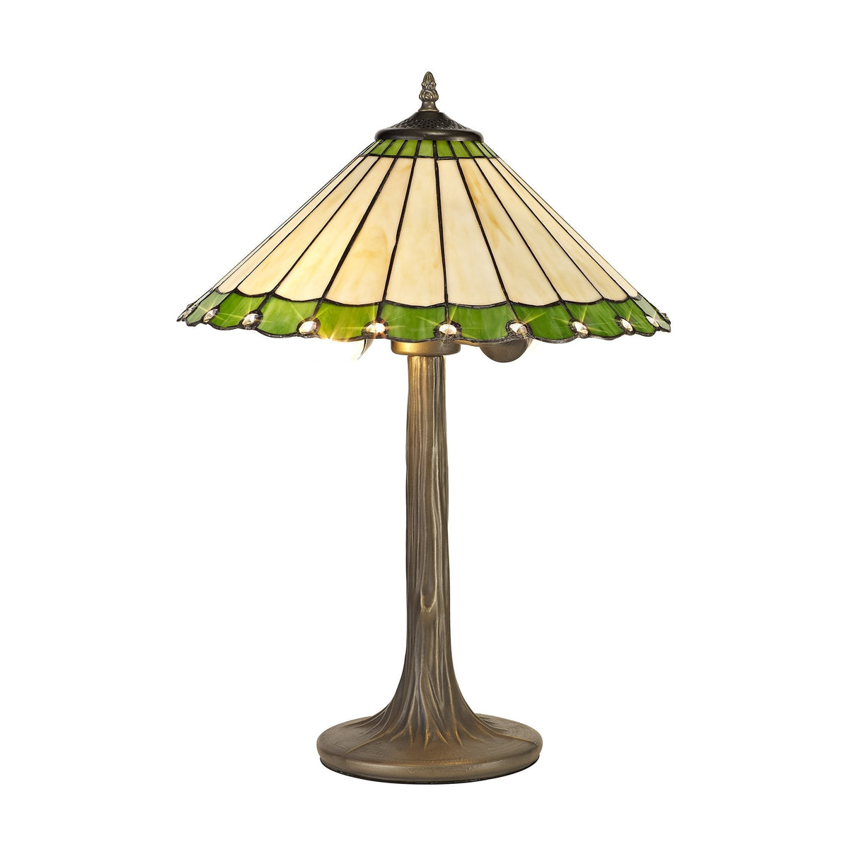 Elegant Tiffany-Style Dual-Light Table Lamp with Antique Brass Finish and Crystal Accents