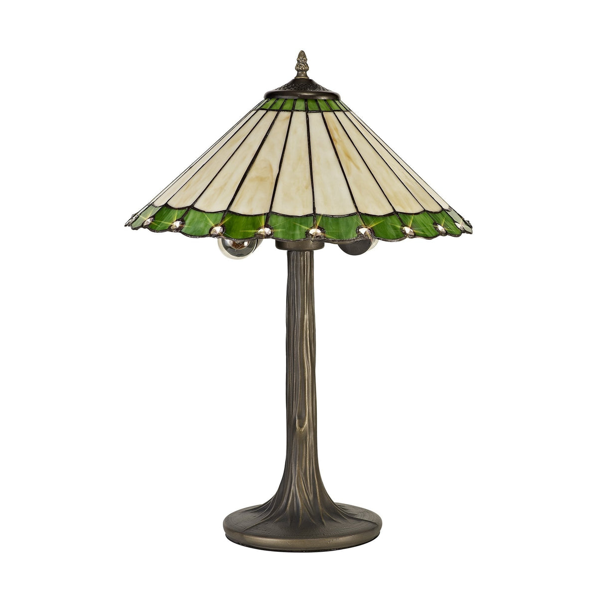 Elegant Tiffany-Style Dual-Light Table Lamp with Antique Brass Finish and Crystal Accents