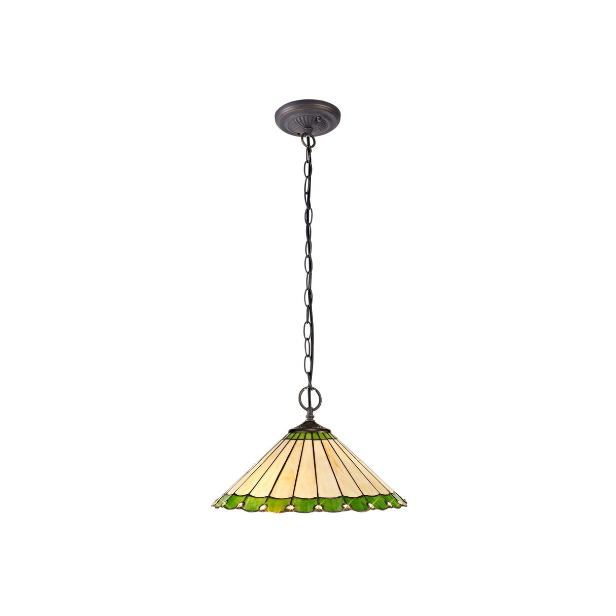 Artisan Tiffany 2-Light Pendant with Green and Cream Shade, Antique Brass Finish