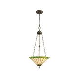Elegant Triple Light Pendant with 40cm Green, Cream, and Crystal Tiffany Shade in Aged Antique Brass Finish