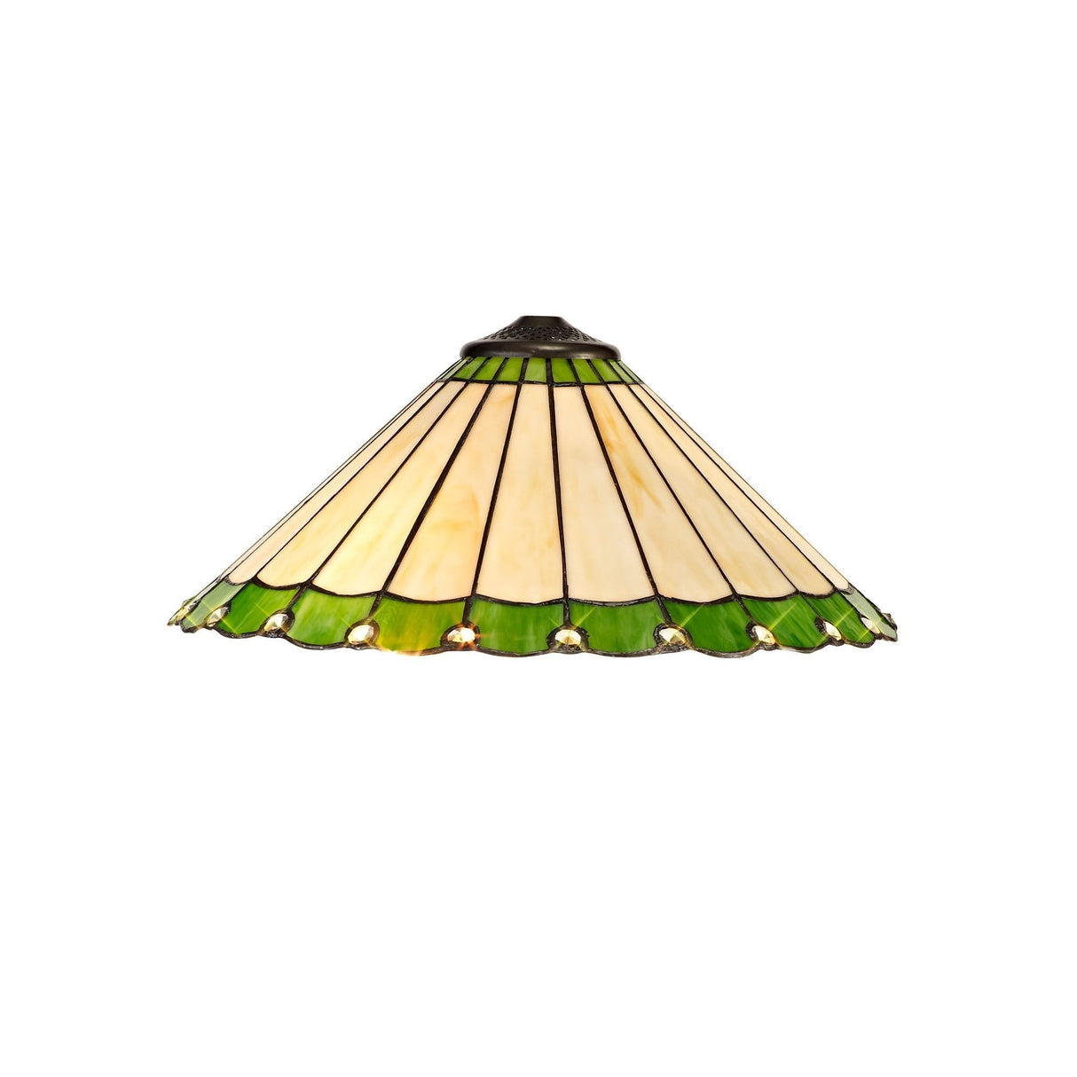 Octagonal Floor Lamp with 40cm Stained Glass Shade in Green/Cream and Aged Antique Brass Finish