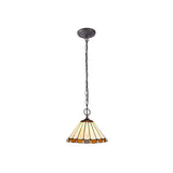 Elegant Two-Light Pendant with 30cm Tiffany Shade in Amber and Cream, Aged Antique Brass Finish