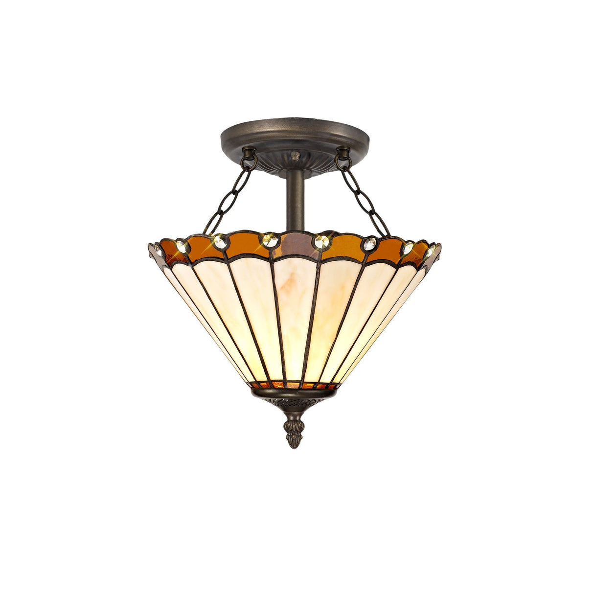 Elegant Dual-Light Semi-Flush Ceiling Fixture with 30cm Tiffany Amber/Cream Shade and Antique Brass Finish