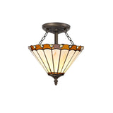 Elegant Dual-Light Semi-Flush Ceiling Fixture with 30cm Tiffany Amber/Cream Shade and Antique Brass Finish