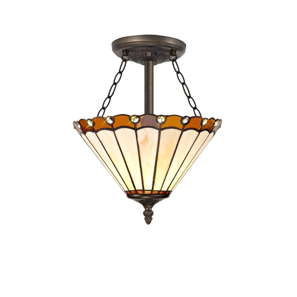 3-Light Semi-Flush Ceiling Fixture with 30cm Tiffany Amber/Cream Shade and Crystal Accents in Aged Antique Brass