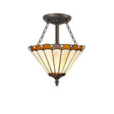 3-Light Semi-Flush Ceiling Fixture with 30cm Tiffany Amber/Cream Shade and Crystal Accents in Aged Antique Brass