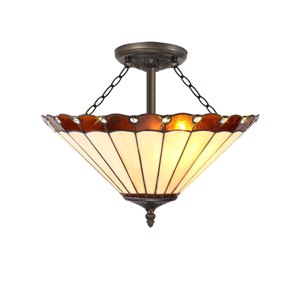Elegant 3-Light Semi-Flush Ceiling Fixture with 40cm Amber Cream Tiffany Shade and Antique Brass Finish