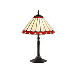 Elegant Octagonal Tiffany Table Lamp with Red and Cream Shade, Aged Antique Brass Finish