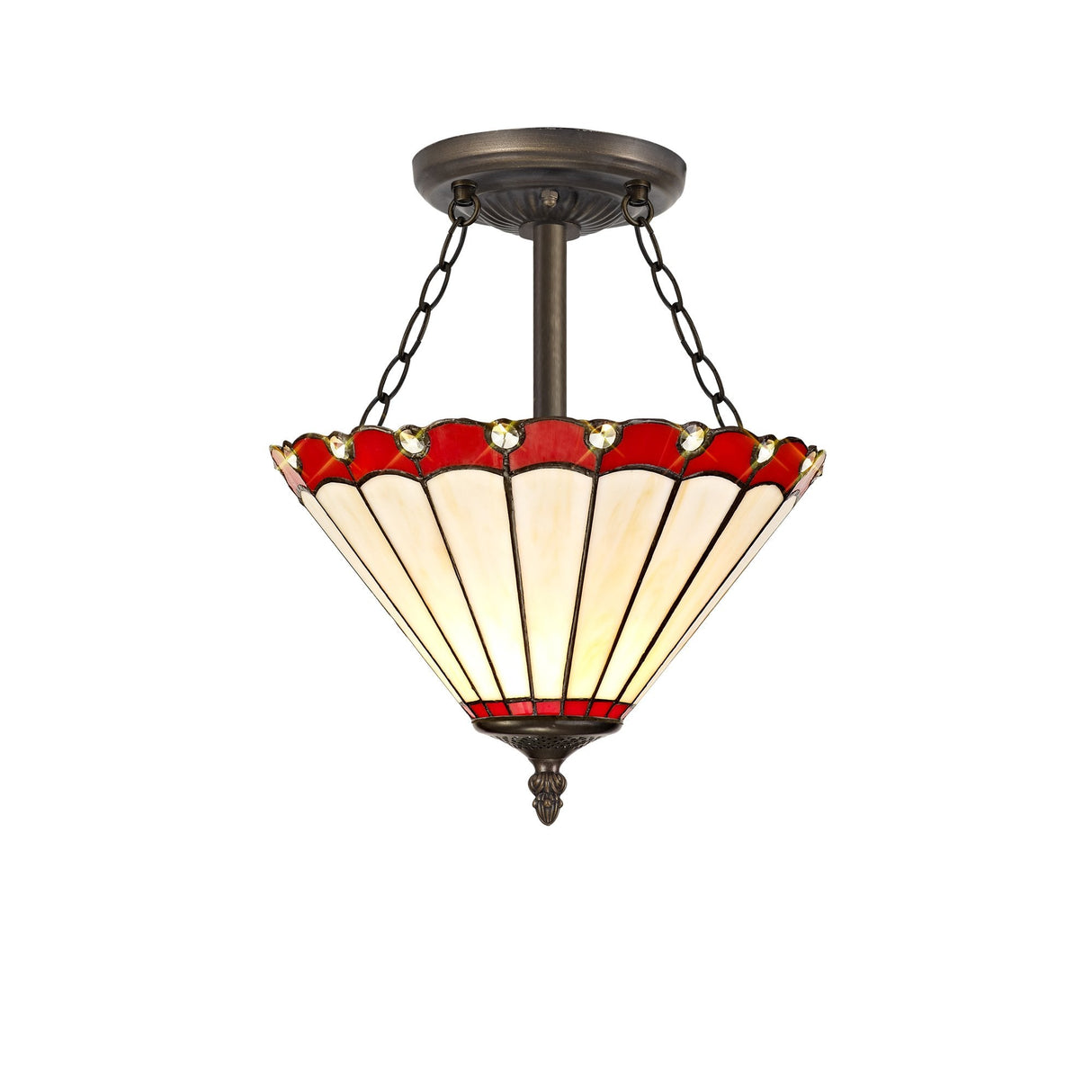 3-Light Semi-Flush Ceiling Fixture with 30cm Tiffany Style Shade in Red/Cream and Antique Brass Finish
