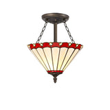3-Light Semi-Flush Ceiling Fixture with 30cm Tiffany Style Shade in Red/Cream and Antique Brass Finish