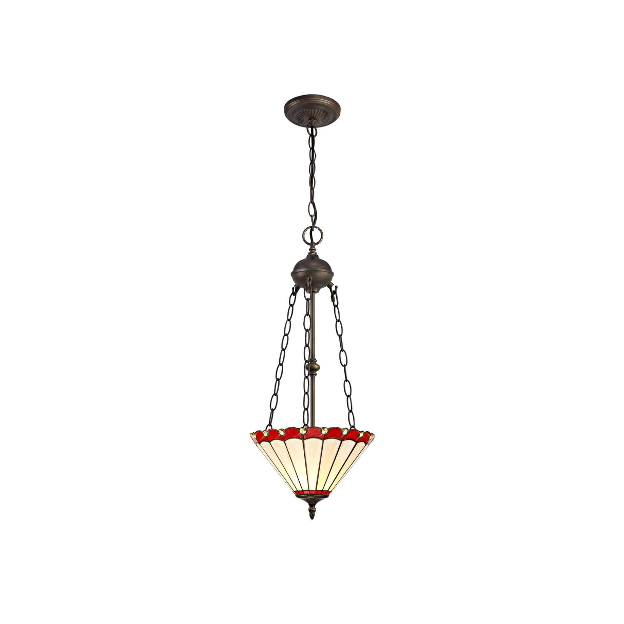 Elegant Antique Brass Tiffany Pendant Light with Dual Uplighters and Red/Cream Stained Glass Shade
