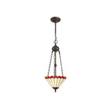 Elegant Antique Brass Tiffany Pendant Light with Dual Uplighters and Red/Cream Stained Glass Shade