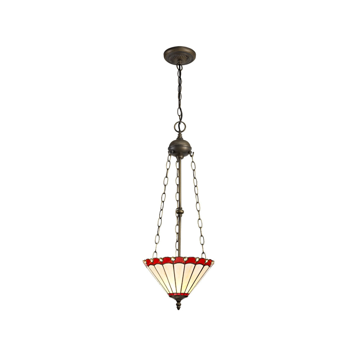 Elegant Tiffany-Style Uplighter Pendant with Red and Cream Shade and Aged Antique Brass Finish