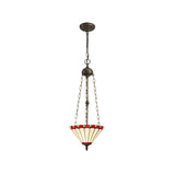 Elegant Tiffany-Style Uplighter Pendant with Red and Cream Shade and Aged Antique Brass Finish