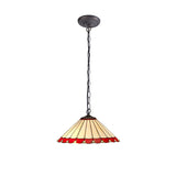 Elegant Vintage Tiffany Pendant Light with Red and Cream Stained Glass Shade and Antique Brass Finish