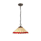 Elegance Pendant Light with 3 E27 Fixtures and 40cm Red/Cream Tiffany Shade in Antique Brass Finish