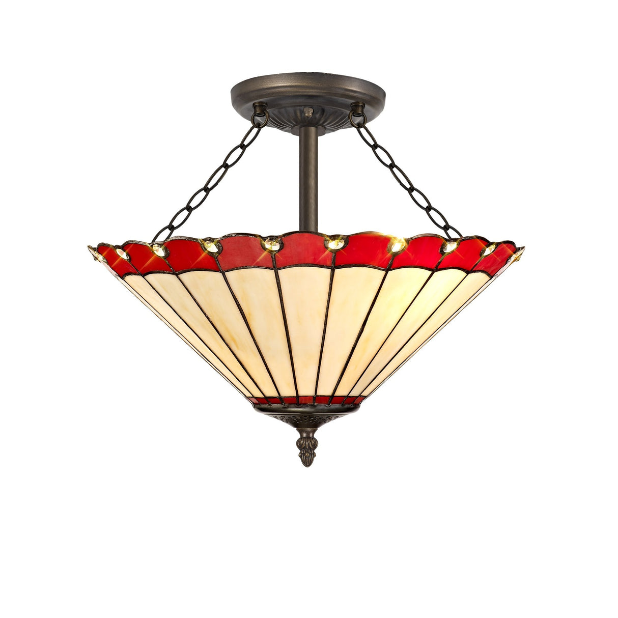 Antique Brass Tiffany-Style Semi Flush Ceiling Light with Red and Cream Crystal Shade