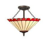 Antique Brass Tiffany-Style Semi Flush Ceiling Light with Red and Cream Crystal Shade