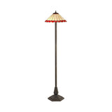 Vintage Octagonal Tiffany Floor Lamp with Red and Cream Stained Glass Shade and Antique Brass Finish