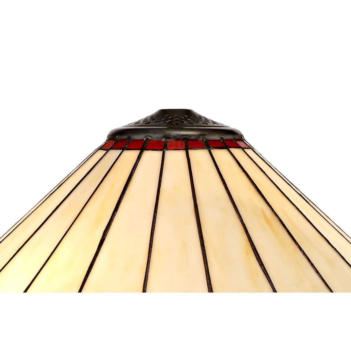 Vintage Octagonal Tiffany Floor Lamp with Red and Cream Stained Glass Shade and Antique Brass Finish