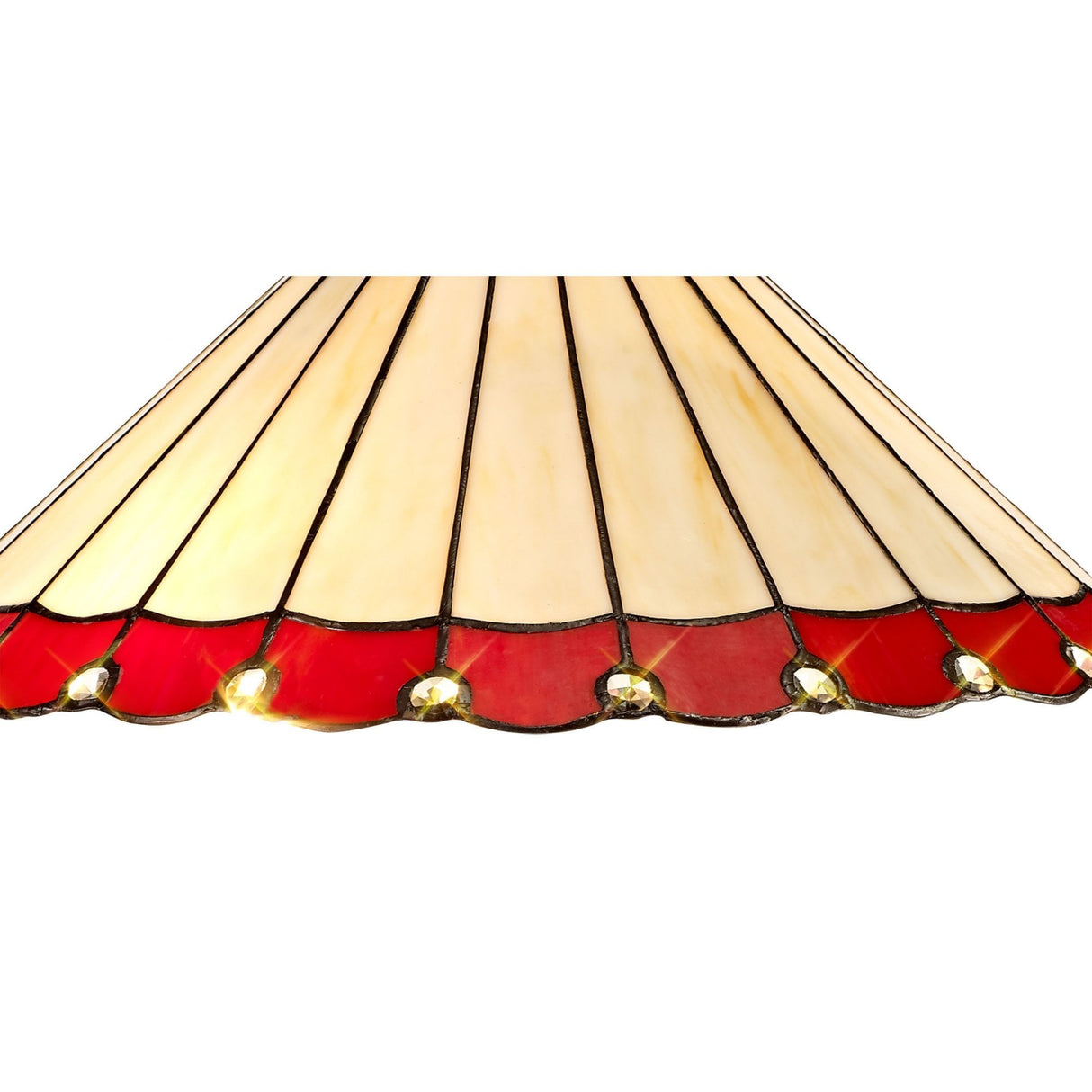 Vintage Octagonal Tiffany Floor Lamp with Red and Cream Stained Glass Shade and Antique Brass Finish