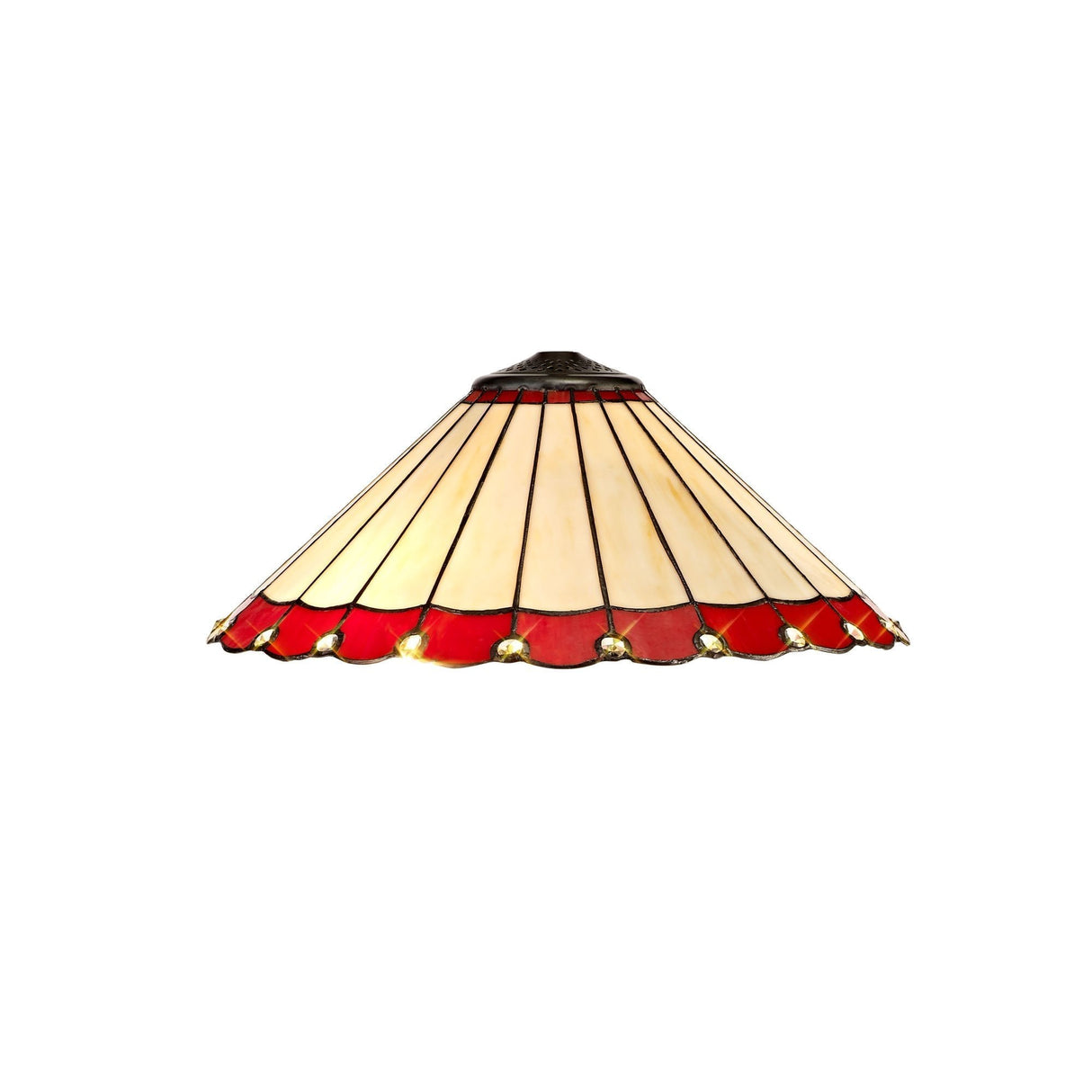 Vintage Octagonal Tiffany Floor Lamp with Red and Cream Stained Glass Shade and Antique Brass Finish