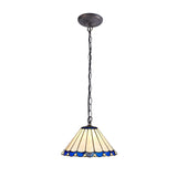 Elegant Tiffany Style Pendant with Aged Brass and Crystal Accent, Blue/Cream Shade