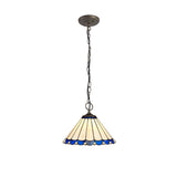 Tiffany-Style 3-Light Pendant with Blue & Cream Stained Glass and Antique Brass Finish