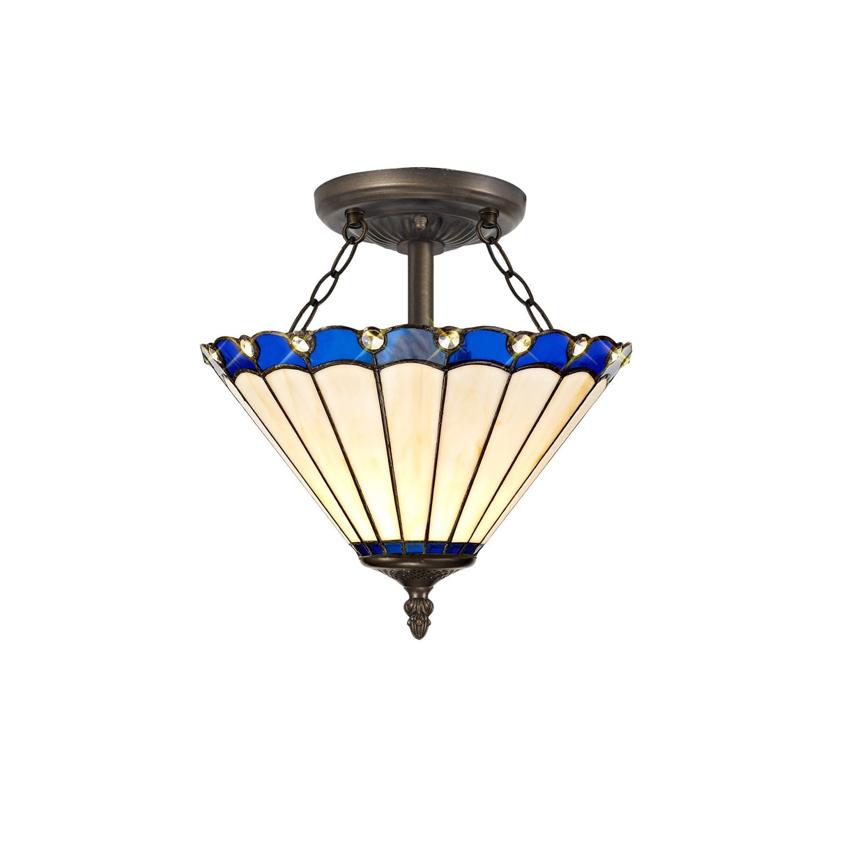 Elegant Blue and Cream Tiffany-Style Semi-Flush Ceiling Light with Crystal Accents