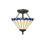 Elegant Blue and Cream Tiffany-Style Semi-Flush Ceiling Light with Crystal Accents