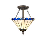 Tiffany-Inspired 3-Light Semi-Flush Ceiling Fixture in Blue/Cream with Aged Antique Brass Accents