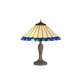 Elegant Dual-Light Tiffany Table Lamp with Antique Brass Finish and Blue-Cream Crystal Shade