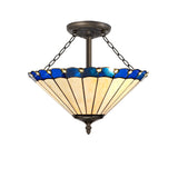 Elegant 3-Light Semi-Flush Ceiling Fixture with Tiffany Blue/Cream Shade and Antique Brass Details