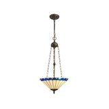 Tiffany-Inspired 3-Light Pendant with Blue and Cream Shade, Aged Antique Brass Finish