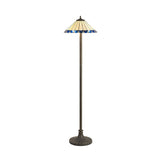 Elegant 2-Light Tiffany-Style Floor Lamp with Blue and Cream Stained Glass Shade and Antique Brass Finish