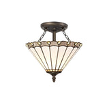 Vintage Tiffany-Style 2-Light Semi-Flush Ceiling Fixture with Crystal Accents and Antique Brass Finish