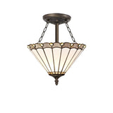 Elegant Triple-Light Semi-Flush Ceiling Fixture with 30cm Tiffany Shade in Aged Antique Brass and Crystal Accents