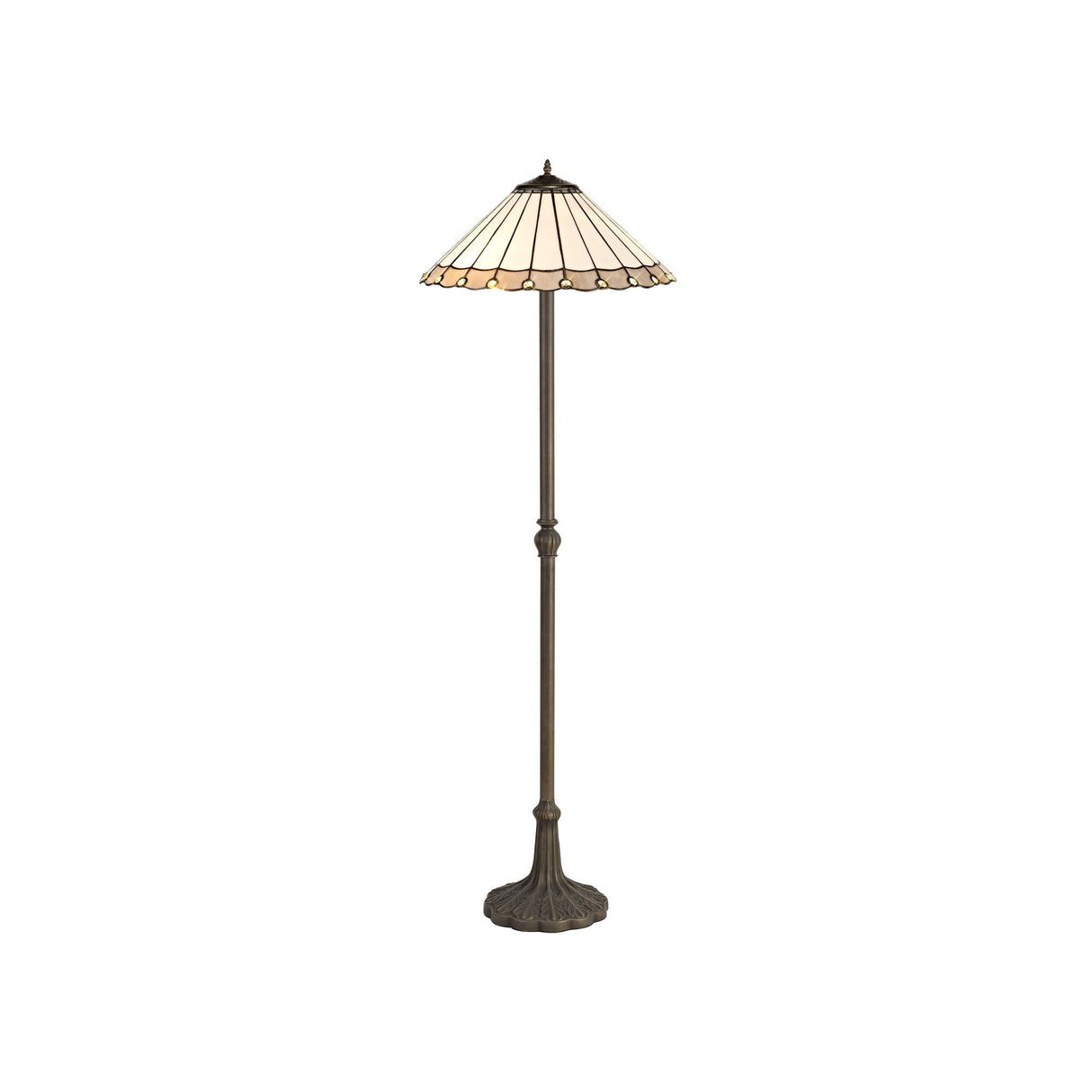 Elegant Leaf Motif Floor Lamp with Tiffany Shade in Aged Brass and Crystal Accents