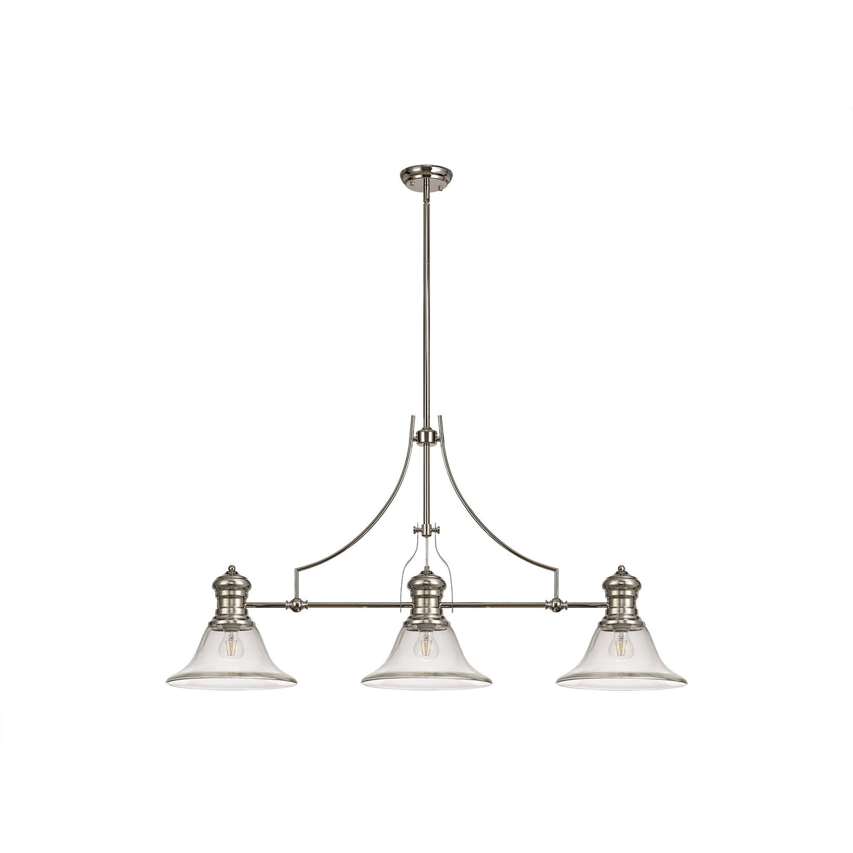Elegant Triple Pendant Light with Clear Bell Glass Shades in Polished Nickel Finish