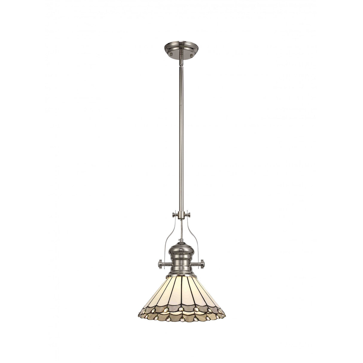 Elegant Telescopic Pendant with 30cm Tiffany Shade in Polished Nickel and Grey/Cream