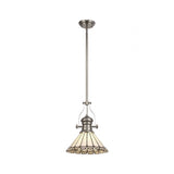 Elegant Telescopic Pendant with 30cm Tiffany Shade in Polished Nickel and Grey/Cream