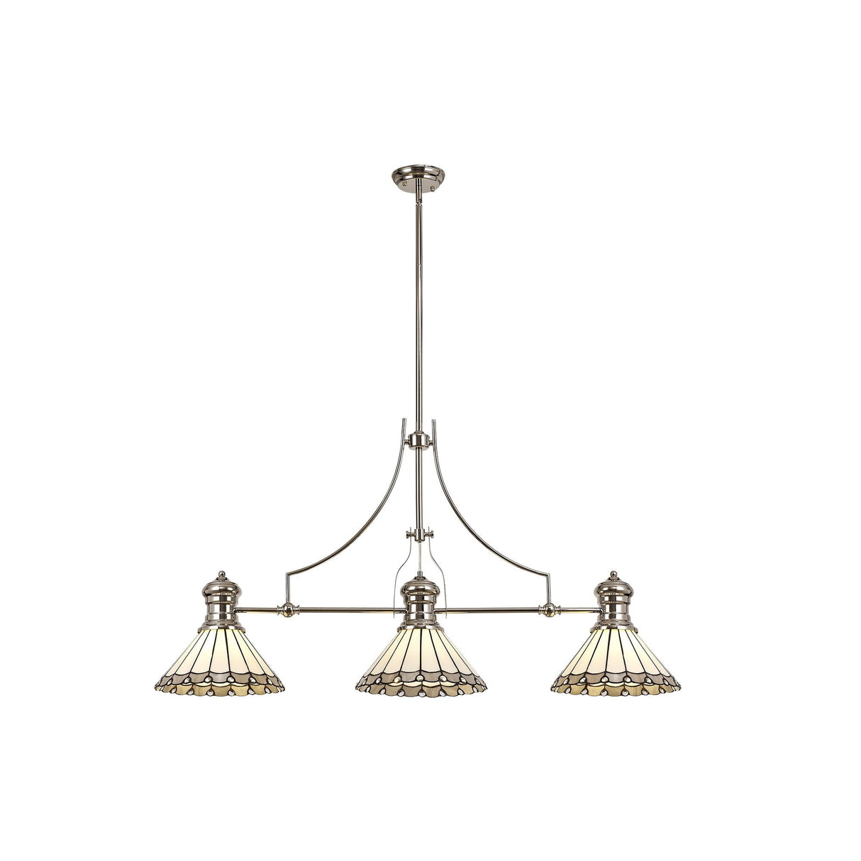 Elegant Three-Light Telescopic Pendant with Tiffany Shade in Polished Nickel and Cream Tones