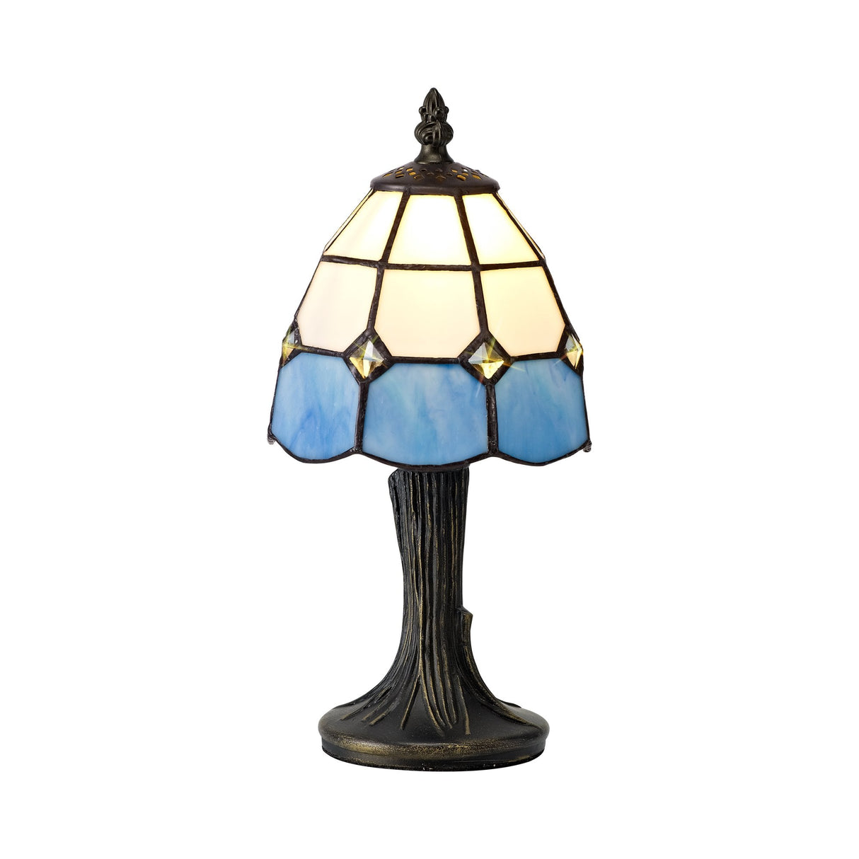 Tiffany-Style Crystal Table Lamp with White/Blue/Clear Shade and Black/Gold Accents