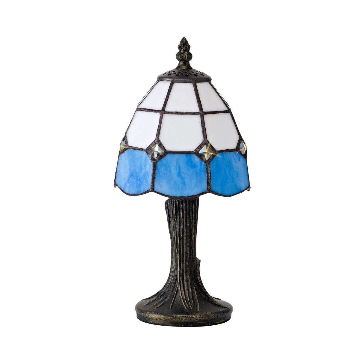 Tiffany-Style Crystal Table Lamp with White/Blue/Clear Shade and Black/Gold Accents